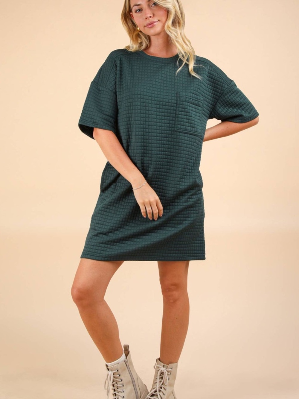 NWT Casual Forest Green Quilted oversized T-Shirt Dress small